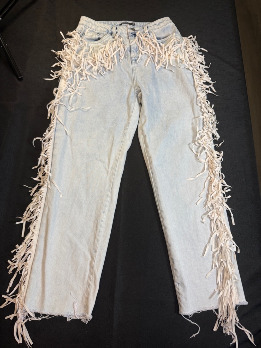 Nasty Gal Light Blue Fringed Straight Leg Jeans